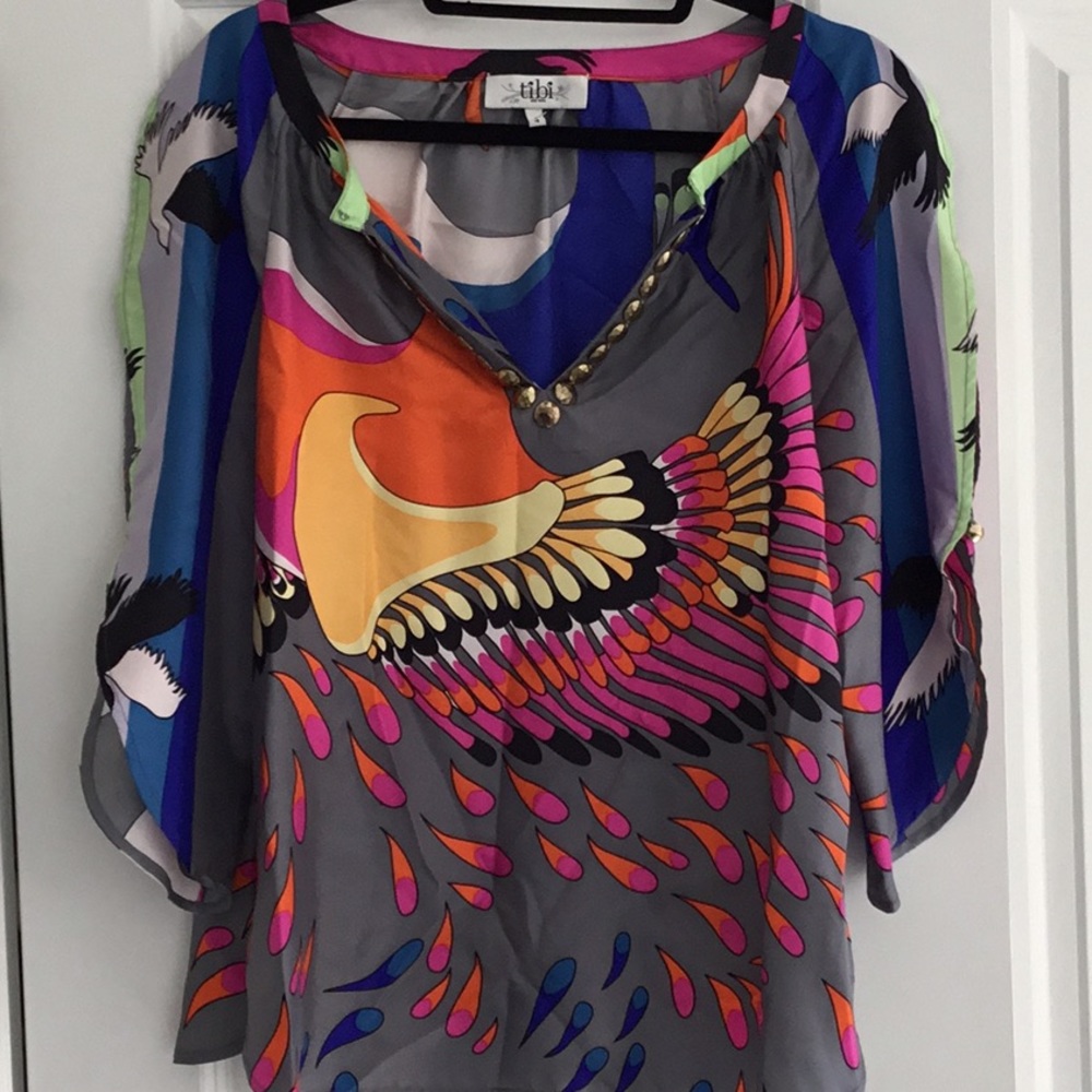 TIBI silk kimono open sleeve patterned blouse